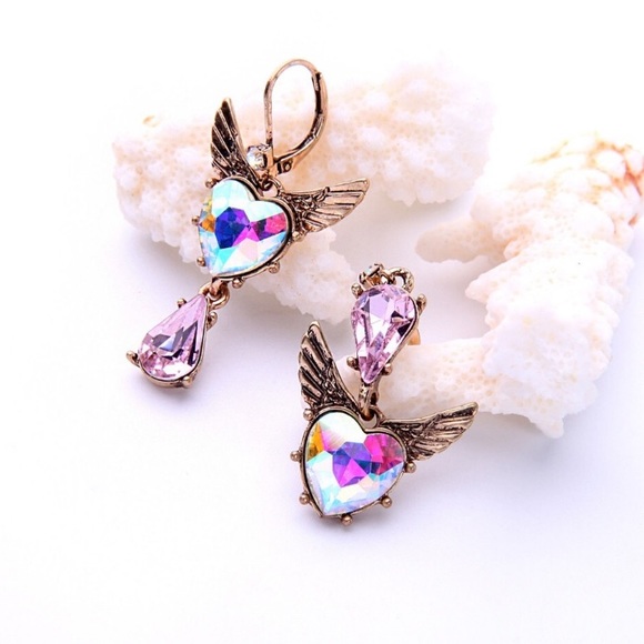 HEART ANGEL WING RHINESTONE DANGLE EARRINGS - Picture 5 of 8